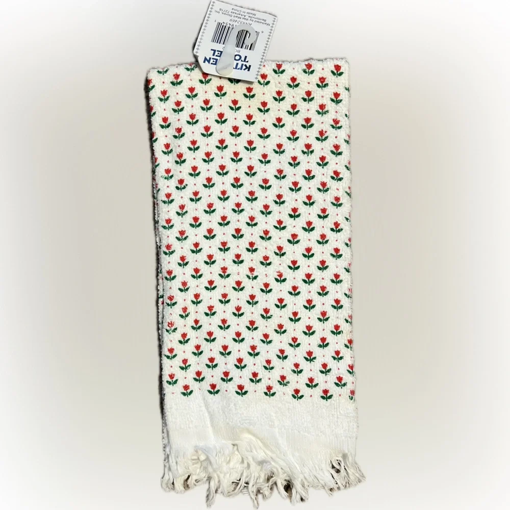 ❌New White Hand Kitchen Towel Red Tulips Fringe 1 Towel